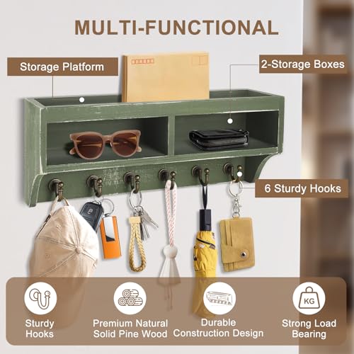 Image of Key Holder Wall Mount - Mail Organizer Wall Mount with 6 Key Hooks and Storage Box for Sunglasses Storage and Dog Leash Holder Home Decor Rack Apartment Farmhouse Shelf Entryway Organizer (Green)