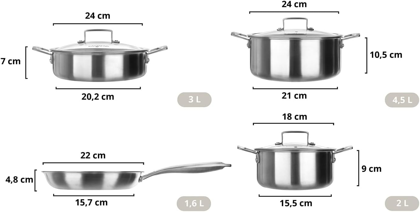 KASANOVA Tri-ply Cookware Set, Triple Layer Stainless Steel Pot and Pan Set, Non-Stick Induction Cookware and All Hobs, Oven up to 220°C (7 Pieces)