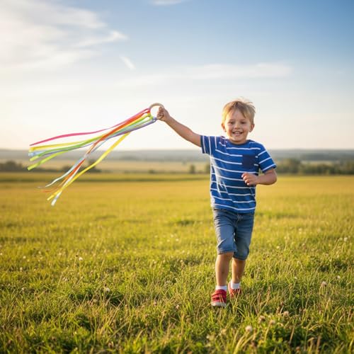 Image of Junkin Ribbon Rings Hand Kite Waldorf Toys Dancing Wrist Ribbons Rainbow Streamers with Wood Ring Educational Toy for Playroom Dancing Birthday Party Gift(Fresh,24 Pcs)