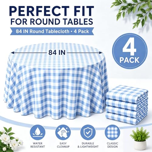 Image of WNINK 4 Pack Blue Gingham Round Tablecloth, 84 Inch Disposable Plastic Table Covers, Blue Checkered Round Table Cover for Birthday Parties, Holiday, Picnic, BBQ, Family Gathering Party Supplies
