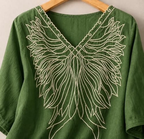 Image of RIEKA Women's Embroidered Top for Women, Maroon V Neck Rayon, 3 /4 Sleeve Casual Loose Fit Tunic, Boho Blouse for Women, Korean Style