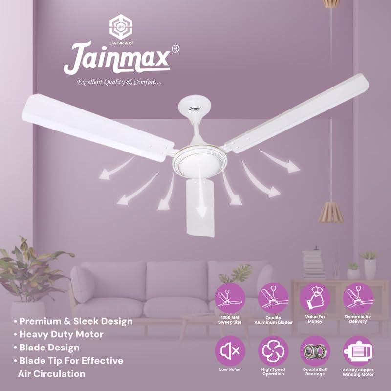 Image of 1200mm Ceiling Fan | 50W High-Speed Motor | 390 RPM | 100% Copper Winding | Anti-Dust | BEE Star Rated | Rust-Resistant | Up to 33% Energy Saving | Strong & Powerful Performance (White)