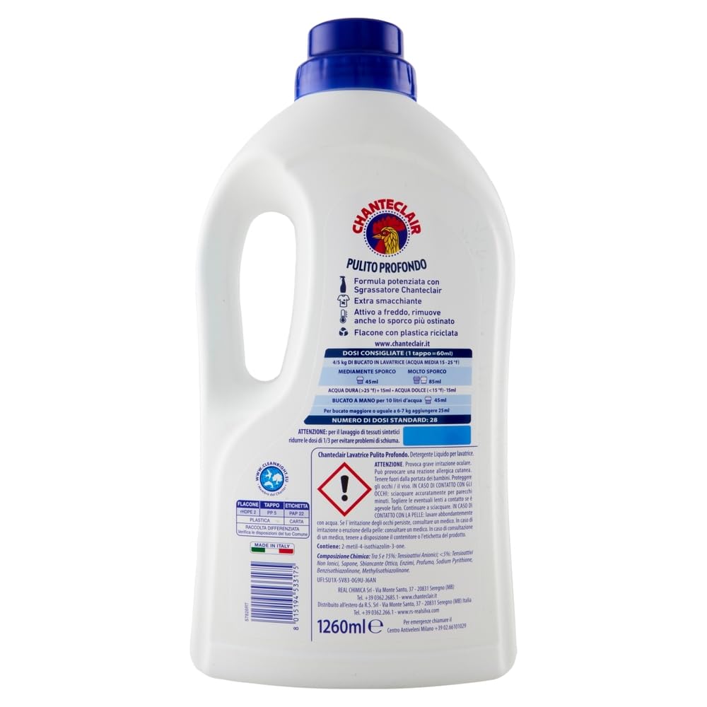 8 x Chanteclair Lavatrice Pulito Profondo Detersivo Liquido - Detersivo liquido per lavatrice - detersivo con sgrassatore 28 lavaggi 1260 ml + portachiavi Beni Culinari