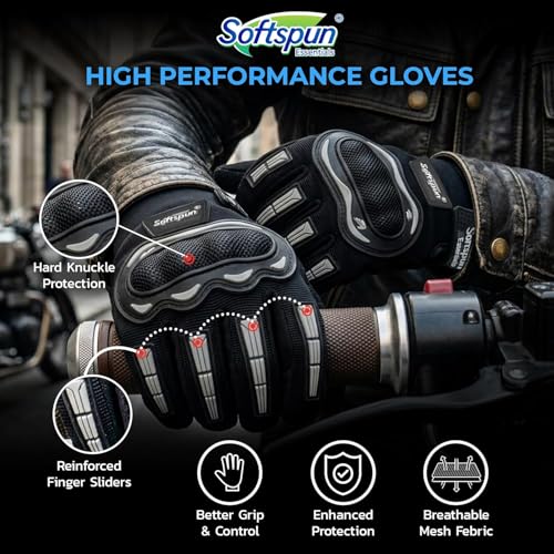Image of SOFTSPUN Essentials Motorcycle Riding Gloves for Men & Women | Touchscreen Bike Gloves with Hard Knuckle Protection | Breathable Anti-Slip Sports Safety Gear for Biking, Cycling & Racing (Medium)