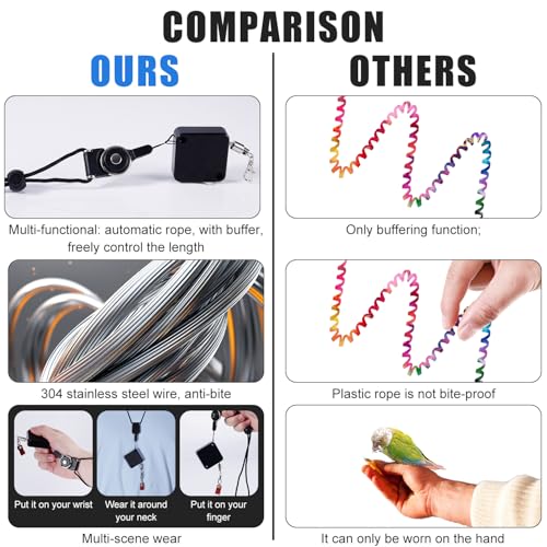 Einziehbar Vogel Leine, 2m Vogel Geschirr mit 3 Fußringen Sittich Fluggeschirr Papageien Leine Outdoor Flugtrainingsset für Nymphensittiche Wellensittiche Sittiche (Schwarz)