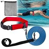WONEWTH Swim Tether Stationary Swimming,2M Pool Swim Bungee Cords Resistance Band,Swim Trainer Harness Belts for Adults Exercise (Red)