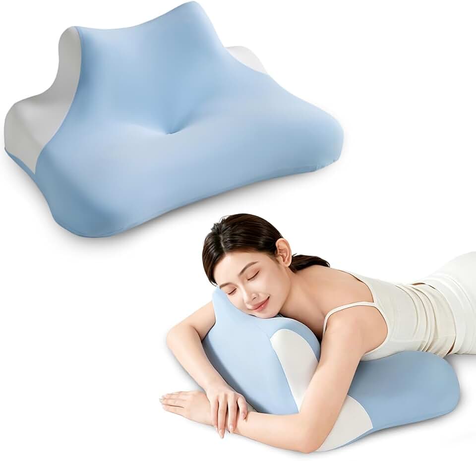Travesseiro Ergonômico de Espuma Viscoelástica para Deitar de Rosto – Almofada Multifuncional para Dormir, Descansar e Apoiar a Cabeça com Capa Removível e Lavável (Azul claro)