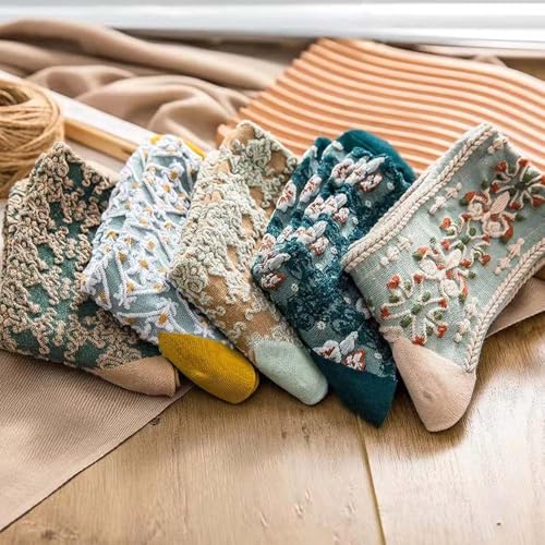 Image of HOMSSEM Floral Crew Socks - 5Pair Flower Graphic Soft Cotton Socks for Women, Teen Girls - for Sandals, - Cute Vibrant Colors