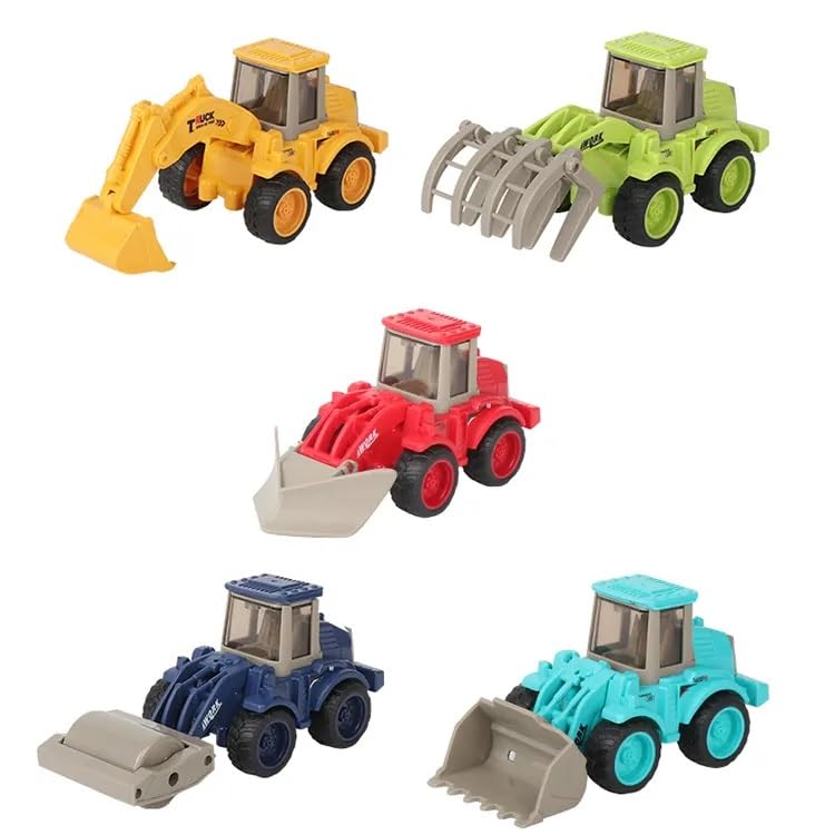 PLUSPOINT 5pc Construction Vehicles Friction Powered Complete Set Roller Bulldozer Wood Grab Excavator Digger Farm Tractor Pretend Play Toy Trucks Play Set Building Vehicles Set for Kids 3-14 Yr