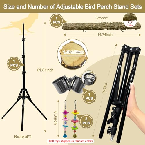 Image of 16-63 Inch Height Adjustable Bird Perch Pepper Wood Parrot Training Perch Stand with Feeding Cups and Swing Toy Parakeet Perches Indoor and Outdoor Parrot Stands for Small to Medium Bird
