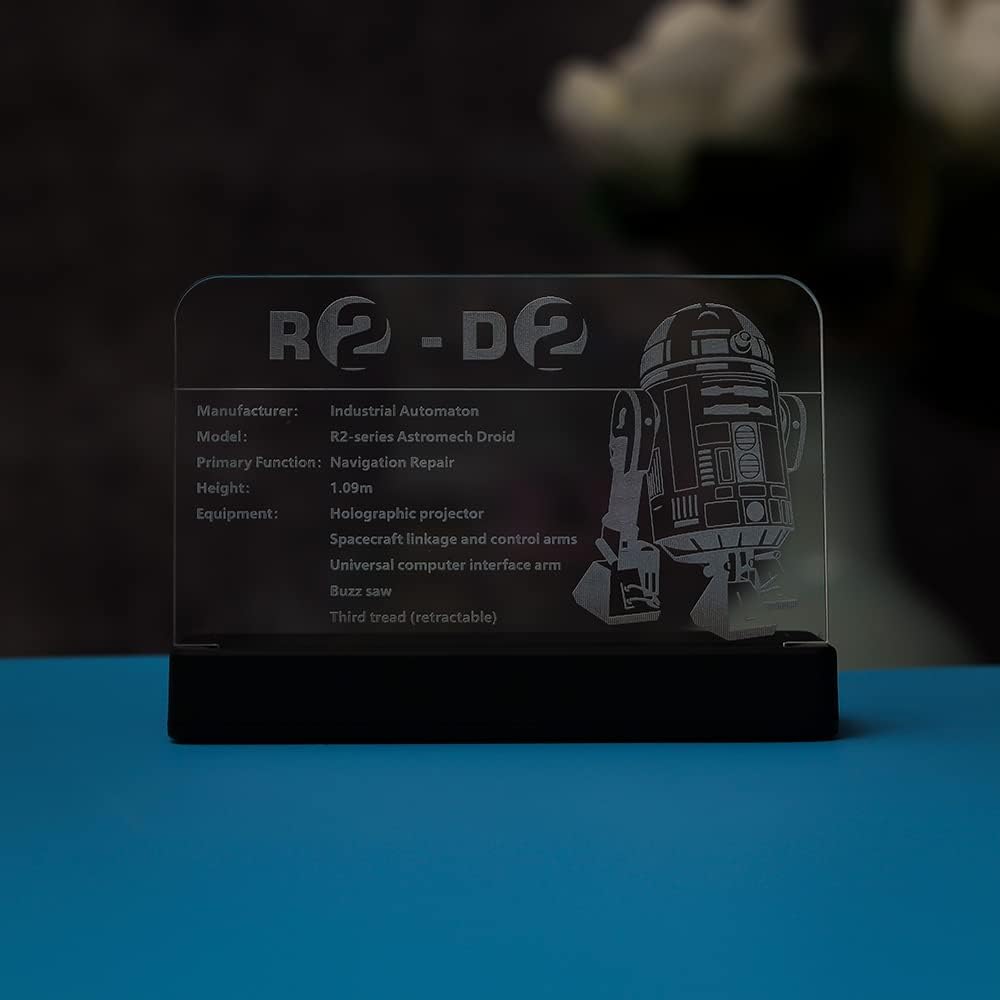 Kyglaring Glowing Clear Acrylic Name Plate with Power Base Designed for Lego Star Wars: R2-D2 75308 Building Set Sign Display (stv1-acry75308v1)