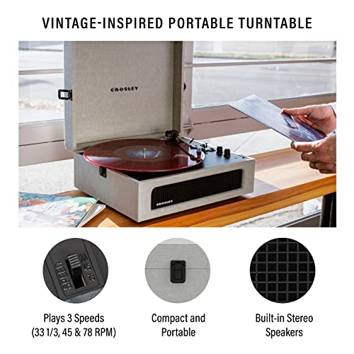 Image of Crosley CR8017B-GY Voyager Record Player, Gray | 3-Speed Turntable, Bluetooth In / Out, Built-in Full-Range Stereo Speakers, Adjustable Pitch Control