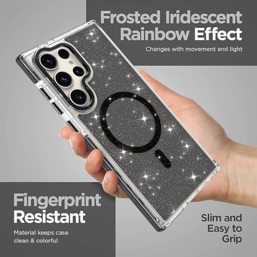 Image of Magnetic Case for Samsung Galaxy S22 Ultra [Compatible with Magsafe] [Bling Glitter Fluorescent Design] [1 Screen Protector] Slim Translucent Matte Case for Galaxy S22 Ultra 6.8 inch, Black