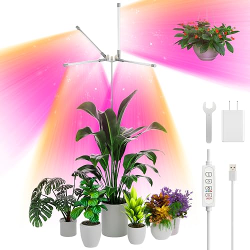 Lámpara circular para plantas, 96 LED, de espectro completo, YUYMIKA 5 V3 A, con enchufe europeo, temporizador automático de 3/9/12, cable de 3 m, barra telescópica de 11,8 a 59 pulgadas, luz para