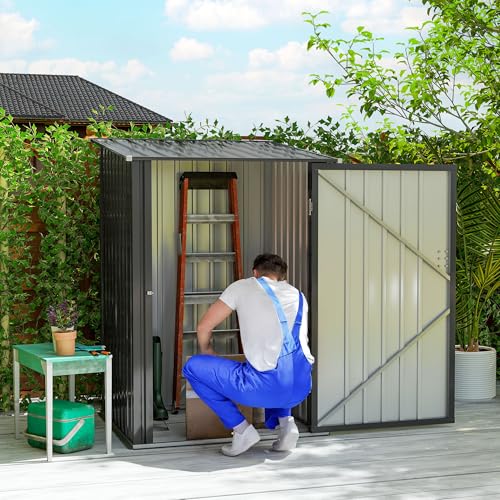 Outsunny 3.3' x 3.4' Outdoor Storage Shed, Metal Garden Tool House with Sloping Roof and Lockable Door for Backyard, Bike, Patio, Garage, Lawn, Gray