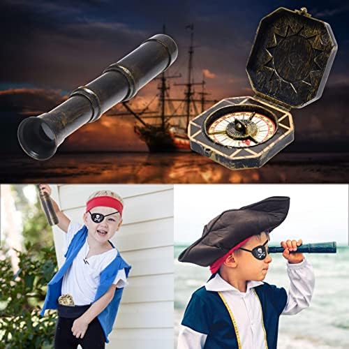 Cosplay Telescope and Compass Prop with Pirate Themed Eye Patch - Antique Retro Party Supply Accessory Decor - Vintage Treasure Spyglass Sundial Ship Captain Eye Patch for Themed Events Stage Plays