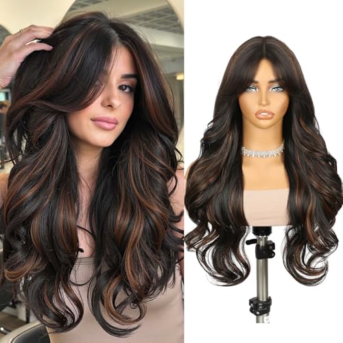 FANCEE Long Highlight Brown Curly Wigs with Curtain Bangs - 26 Inch Wavy Middle Part Pre-Cut Lace Hairline Layered Synthetic Wig for Women Wispy Fringe Upgraded Protein Fiber Cosplay Costume Halloween