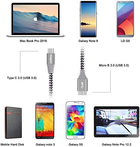 Fasgear USB C to Micro B Cable [1ft] Nylon Braided Metal Connector Type C to Micro 3.0 Cable Fast Charge 5Gbps Sync Compatible with Toshiba Canvio, Galaxy S5 Note 3 and More (1ft, Gray)