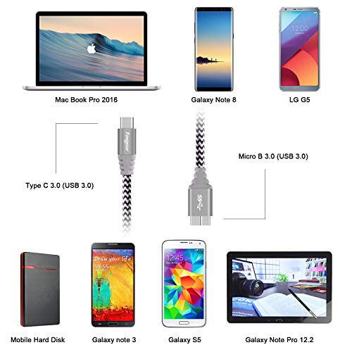 Fasgear Usb C To Micro B Cord, 1 Pack Nylon Braided Metal Connector Type C 3.0 To Micro B Cable 1Ft, Fast Charge Sync Compatible With Toshiba Canvio, Westgate, Seagate, Galaxy S5 Note 3 (Gray) #TOP4