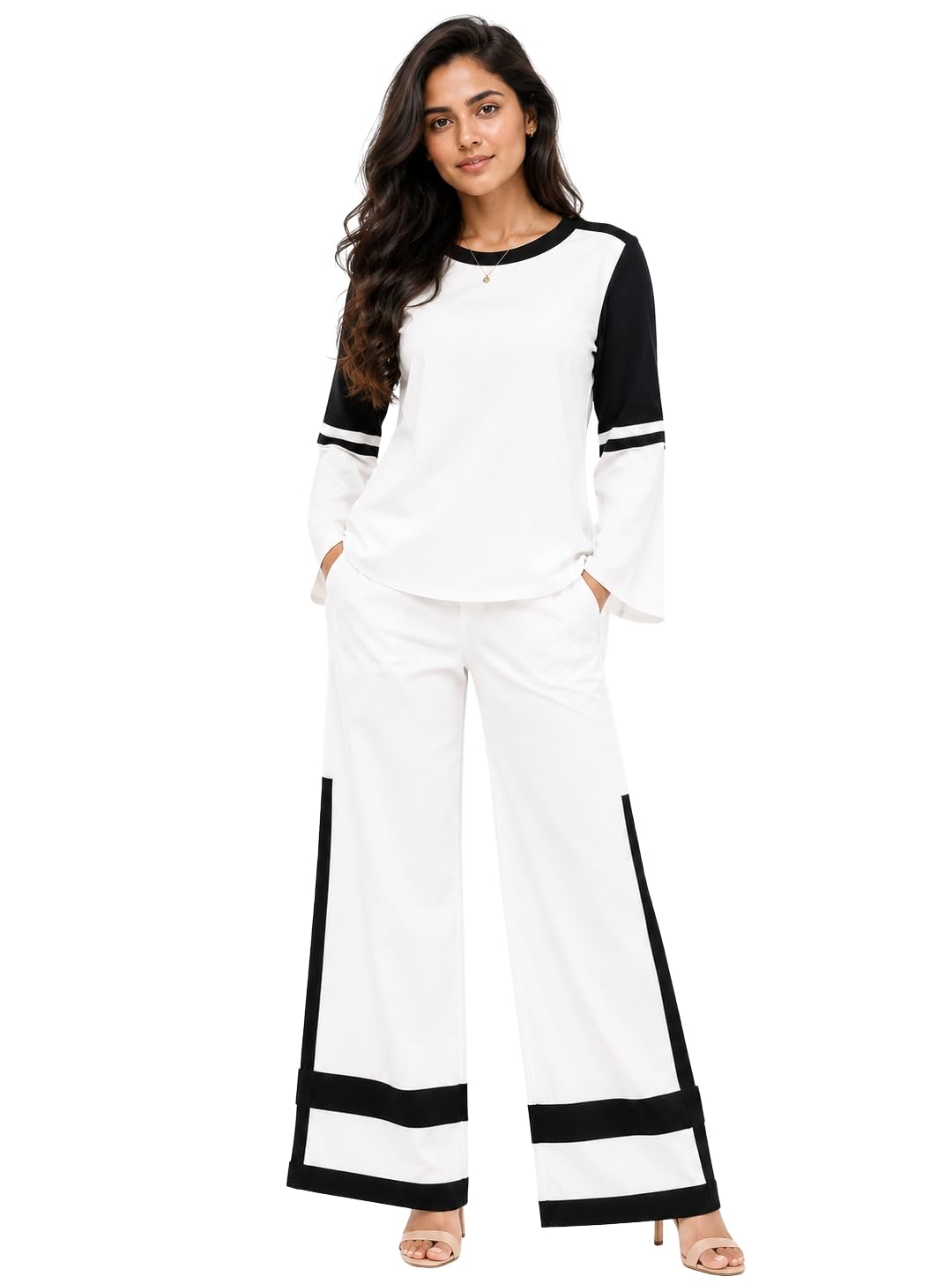 muladhara Eco Clothing Women's Premium Rayon Co-Ord Set | White & Black Colour Block Relaxed Fit | Boat Neck Top with Bell Sleeves | Wide Leg Palazzo Pants |-picture-13