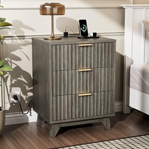 Image of VINGLI Gray Nightstands Set of 2 with Charging Station, Fluted Nightstand 3 Drawers Grey Night Stand for Bedroom, Fluted Grey Bedside Table /End Table /Side Table, 17.72 inch W*13.78 inch D*23.62 inch H, 2 pcs