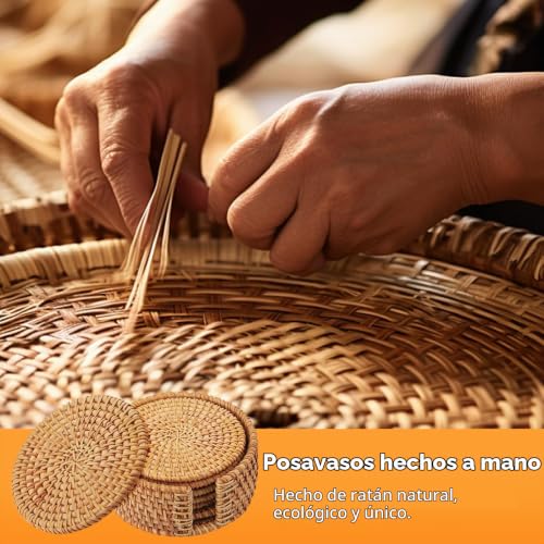 Miniatura 2 de Atliberswo Juego De 6 Posavasos De Ratán Con Soporte - Madera, Resistentes Al Calor, Para Café Y Bebidas - Naturales, Hechos A Mano Para Hogar, Restaurante, Granja