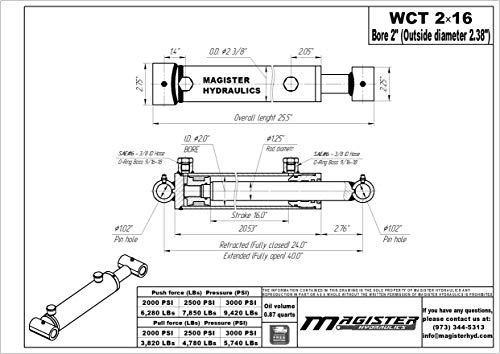 Image of Magister Hydraulic Cylinder 2 inch Bore x 16 inch Stroke, Welded Hydraulic Ram with Cross Tube Ends, Double Acting Hydraulic Piston 3500 PSI (WCT 2x16)
