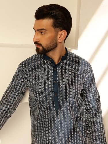 Image of SOJANYA (Since 1958 Men's Silk Blend Contrast White Thread Detailing Kurta With White Pyjama