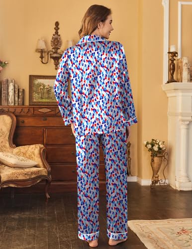 Image of Ekouaer Womens Satin Pajama Set Classic Pattern Silky Pj Sets Button Down Sleepwear Loungewear