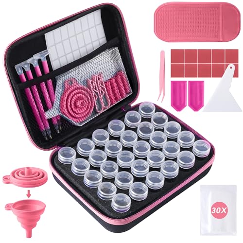 LYMUSUMI 30 Slots Diamond Art Storage Containers for Adults Portable Bead Storage Boxes for Diamond Painting Accessories and Tools(Pink)