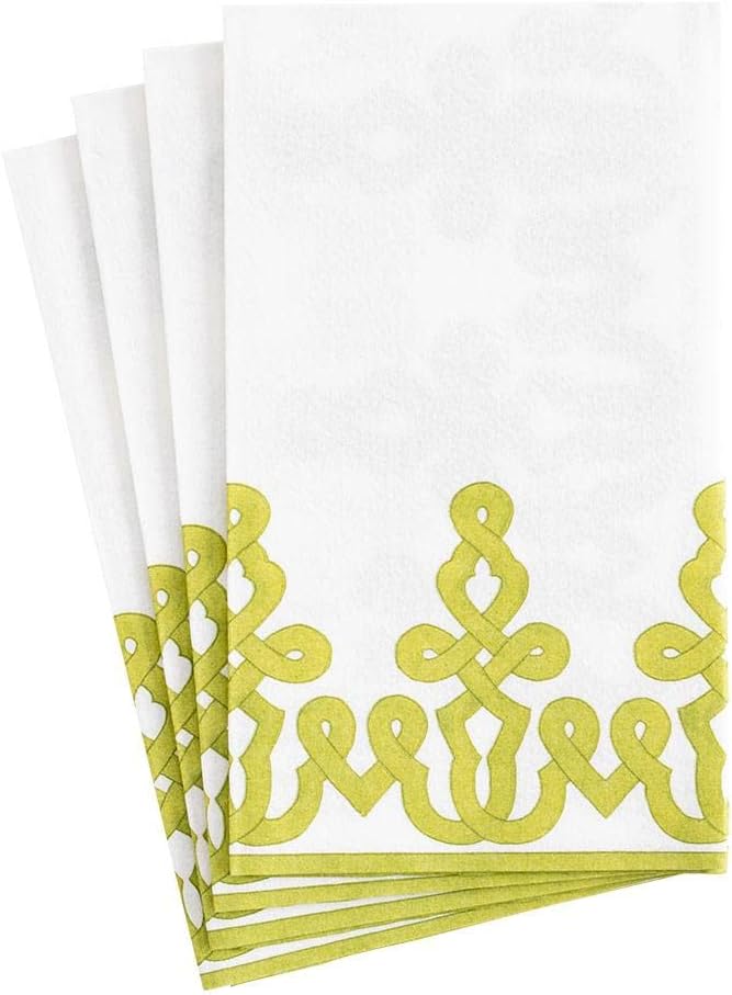 Caspari Dessin Passementerie Paper Linen Guest Towel Napkins in Moss Greens - Four Packs of 12