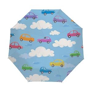 Compact Travel Umbrella Funny Cars Clouds Auto Open Close Umbrella Windproof Rain Umbrellas for Kids Men Women Lightweight