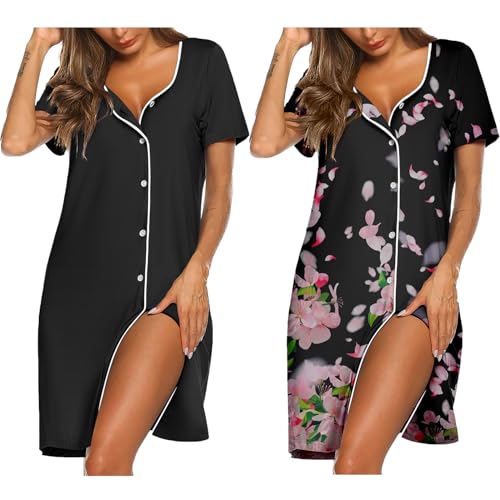 Image of Ekouaer Nightgowns for Women 2 Pack Button Down Sleepshirt Short Sleeve Nightshirt Soft Sleepwear V Neck Pajama Dress