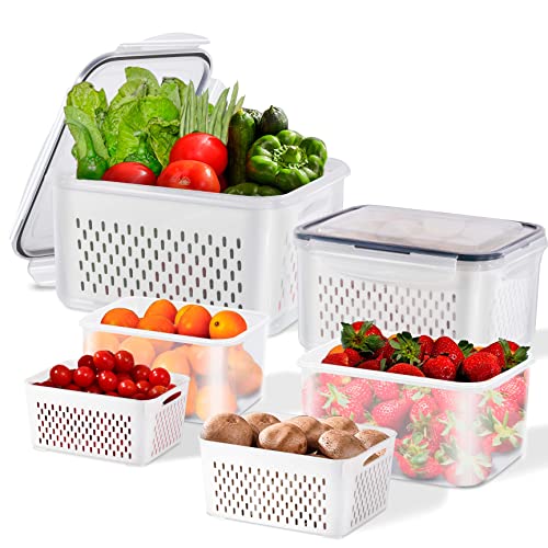 Image of 4 Pack Fresh Food Storage Containers, Large Capacity Produce Saver Box with Drain Baskets & Lid, Fridge Organizer, Airtight Fruit Organizer for Refrigerator, Stackable Plastic Fruit Veggie Saver