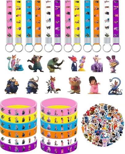 KKOND Zootopia Lot de décorations de fête d'anniversaire comprenant 12 bracelets, 12 épingles en acrylique, 12 porte-clés, 50 autocollants, pour garçons et filles