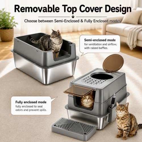 Arenero para gatos de acero inoxidable XL con tapa cubierta miniatura 6