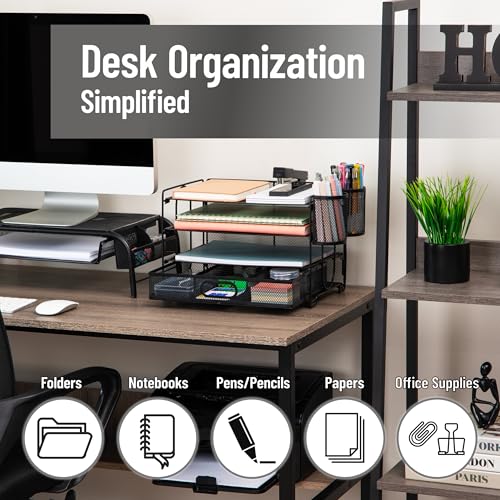 Image of Mind Reader Mesh Desk Organizer, 3 Trays, 1 Drawer, 2 Pen Holders, Office Desktop Organizer, Metal Mesh, Black