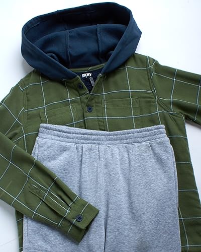Image of DNKY Boys' Pants Set - 2 Piece Sherpa Lined Plaid Flannel Shirt and Fleece Jogger Sweatpants - Clothing Set for Boys (4-12)