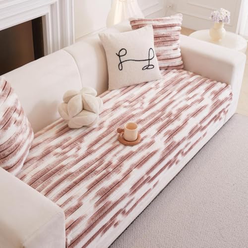 Image of HOMETHREADS 600GSM Thick & Soft Rabbit Fur Plush Sofa Cover-Luxurious Cozy Slipcover, Washable & Pet-Friendly, Anti-Scratch Protector for Sofas (Faux Linning White Pink, 2 Seater Small | 120x70cm)