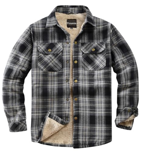 Image of Men's Sherpa Cotton Flannel Shirt Jacket Plaid Button Coat Pocket