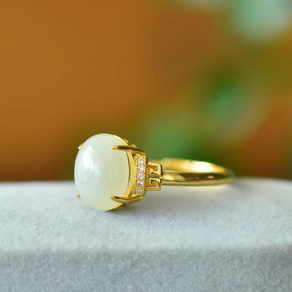HMJGDHX S925 Silber vergoldeter ovaler Ring aus natürlicher weißer Hetian-Jade (verstellbare Öffnung) 7 für echte Damen