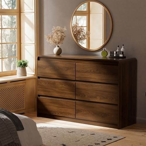 Image of Oransail 6 Drawer Dresser, 47 inch Wide Walnut Dresser Chest of Drawers, Curved Anti-Collision & Anti-Tipping Design, Mid Century Modern Wooden Dresser for Bedroom, Living Room, TV Stand