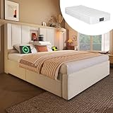 Aunvla Polsterbett 90x200 cm Einzelbett mit verstecktem Becherhalter & Ladestation, Hydraulisches Bett mit Stauraum unter dem Bett, Inkl. Lattenrost, Leinen Beige(Mit Matratze)