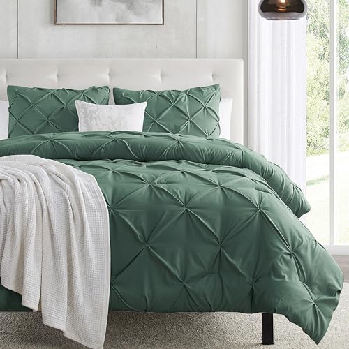 Image of Nestl Forest Green Duvet Cover Queen Size - Soft Double Brushed Duvet Set with Button Closure & Corner Ties, 3 Piece Luxurious Pinch Pleated Duvet Cover Set 90x90 Inches with 2 Pillow Shams
