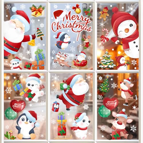 168 Pcs Christmas Window Decorations - Merry Christmas Window Clings for Glass Windows, Santa Claus Snowflake Christma Window Stickers Decals for Indoor Home Xmas Holiday Winter Party Decor, 9 Sheet - image 1