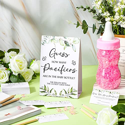 Image of Roowest 512 Pcs Baby Shower Games Guess How Many Pacifiers Sign 100 Small Guessing Games 10 HB Pencils 750ml Milk Bottle 400 Acrylic Pacifiers Decoration for Guest Gender Reveal(Pink,Plant)