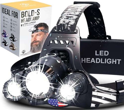 DanForce Headlamp. USB Rechargeable LED Head Lamp. Ultra Bright LUMINUS 1080 Lumen Headlamp Flashlight + Red Light. HeadLamps for Adults, Camping, Outdoors & Hard Hat Light. Zoomable IPX54 Headlight