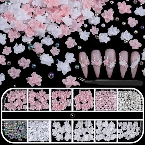 Kikonoke 3D Soft Flower Nail Charms with Tiny Pearls Pink White Floral Charms and Silver Caviar Beads Iridescent Bubble Beads Flatback Pearls for Nails Art Design Manicure DIY Supplies