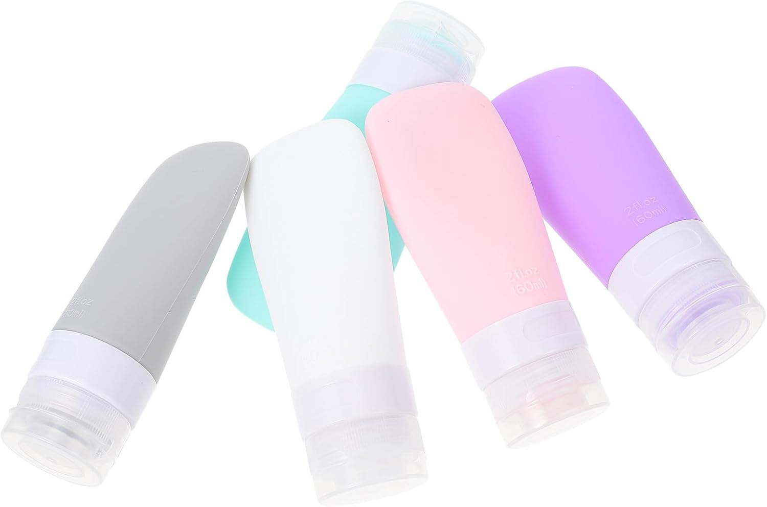 Healvian 5pcs 60ml Silicone Travel Bottles Set Leak-Proof Empty Cosmetic Dispenser Bottles for Lotion Shampoo Cream Portable Squeezable Soft with Travel Bag for Toiletries on Airplane