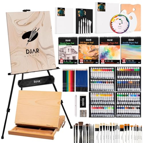 DJAR Conjunto de 174 peças de pintura artística tudo em um com cavalete de mesa e tripé, acrílico, aquarela, óleo e kit de esboço, acrílico 96, conjunto de pintura a óleo e aquarela para